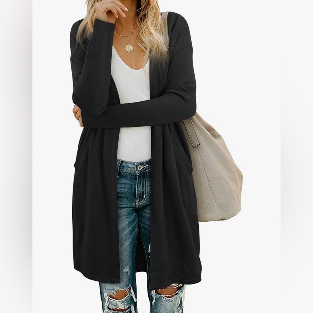 Women's Fashion Fall Winter Sweater Black Long Sleeve Lightweight Cardigan - L
